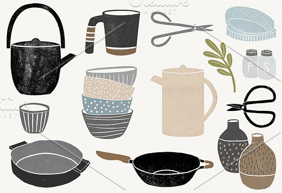 Kitchenware (linocut illustrations) in Objects - product preview 3