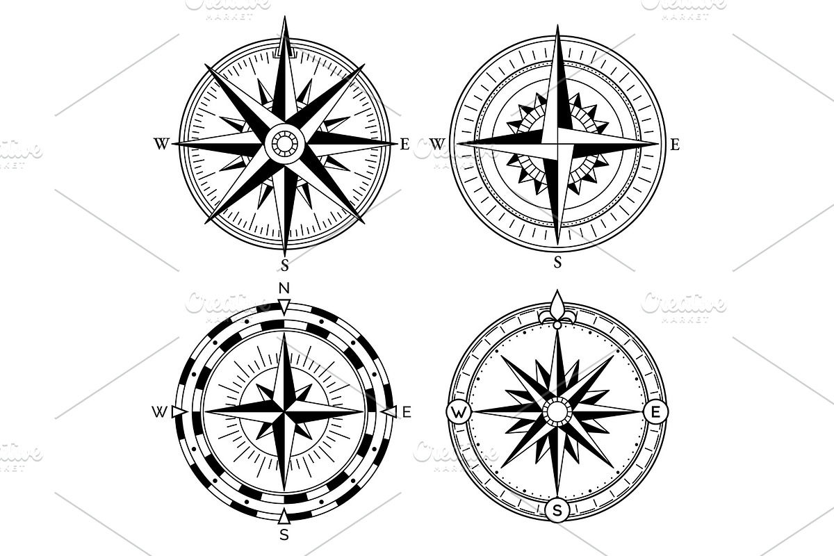 Wind rose retro design vector collection. Vintage nautical or marine wind rose and compass icons set, for travel, navigation design in Illustrations - product preview 8