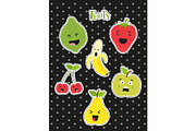 Cute set of fashion patches with cartoon characters of fruits