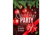 Christmas party poster with hand lettering sign, xmas balls, snow, snowflakes