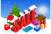 Winter christmas sale banner, vector illustration. Winter shopping concept. Shopping, offer, discount background