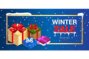 Winter christmas sale banner, vector illustration. Winter shopping concept. Shopping, offer, discount background