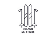 ski and ski sticks line icon, outline sign, linear symbol, vector, flat illustration