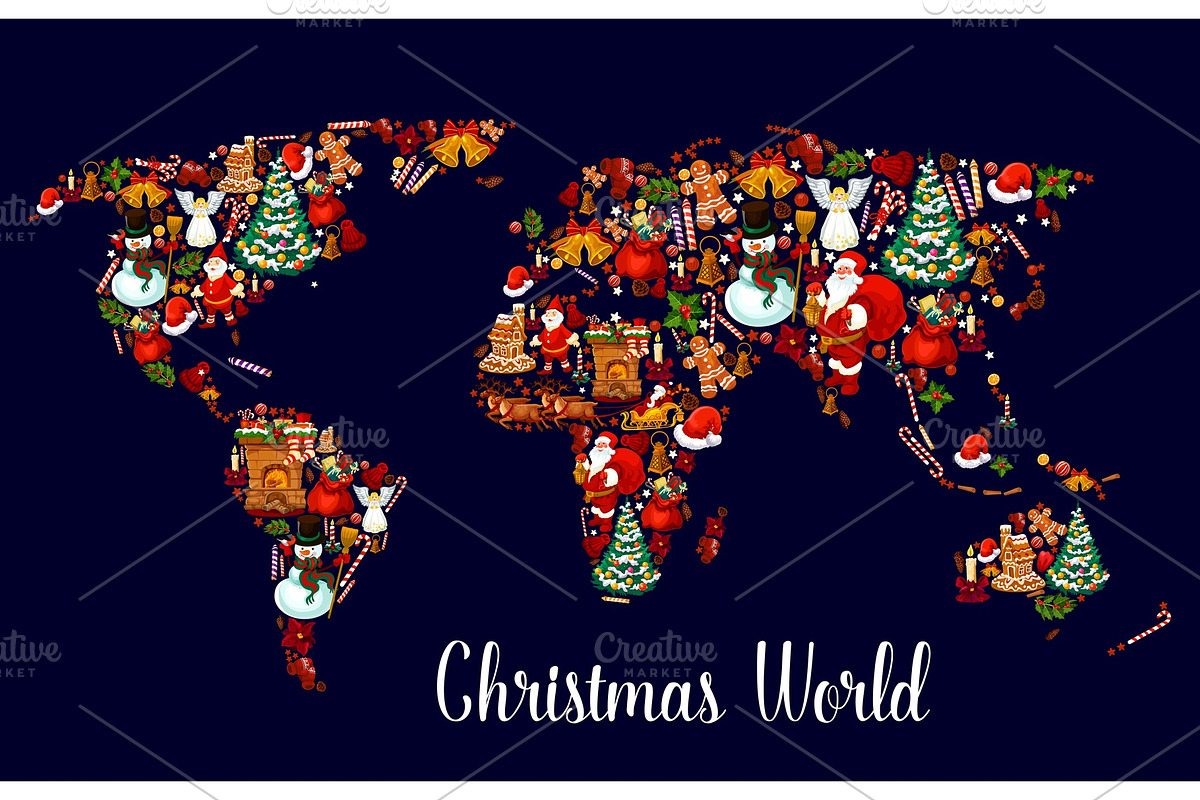 Christmas world map with New Year holiday symbols in Illustrations - product preview 8