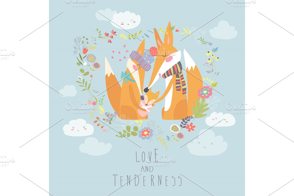 Loving fox family as a shape of a heart. Mother, father and baby child. in Illustrations - product preview 8