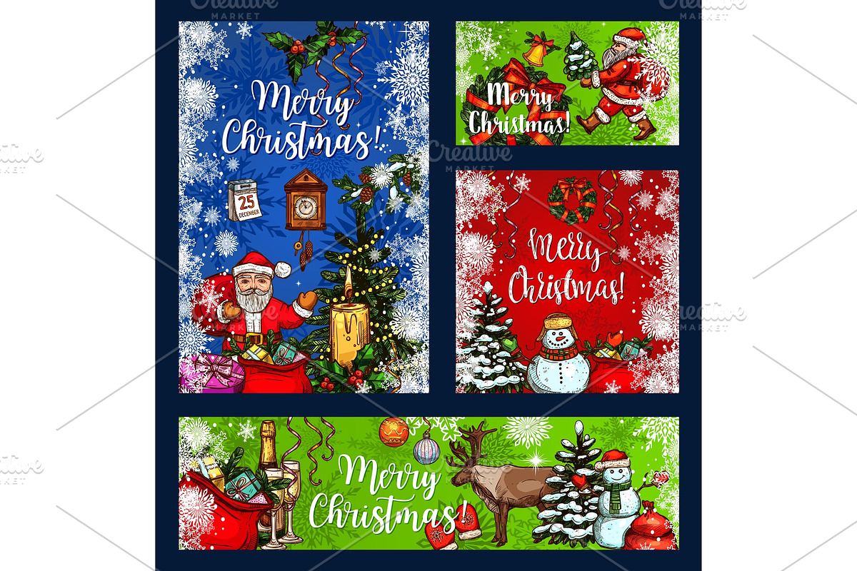 Christmas greeting wish vector sketch cards in Illustrations - product preview 8