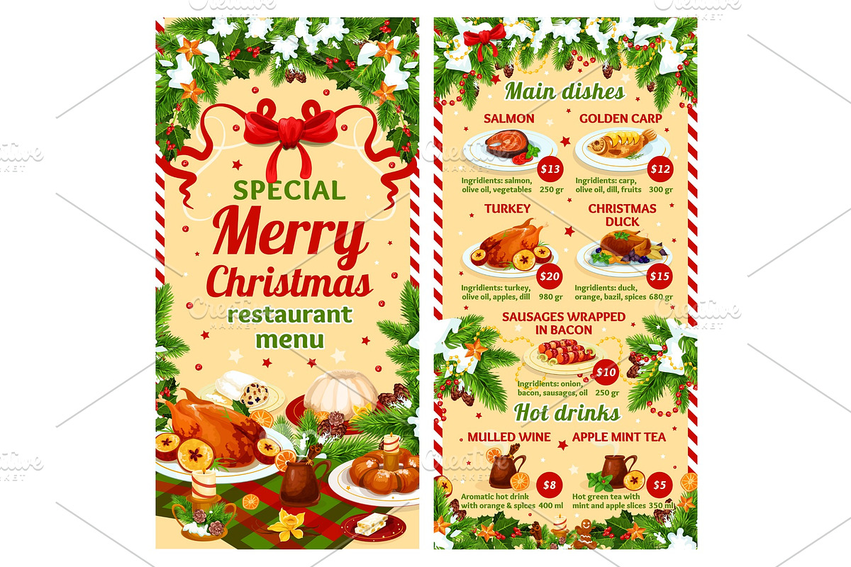Christmas dinner vector restaurant dish menu in Illustrations - product preview 8