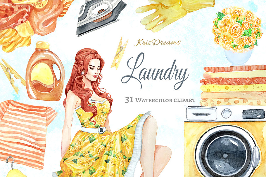 Laundry Watercolor Clipart 1