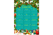 Calendar template with Christmas tree and gift