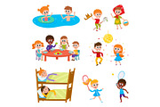 Cartoon set of kids on vacation in summer camp
