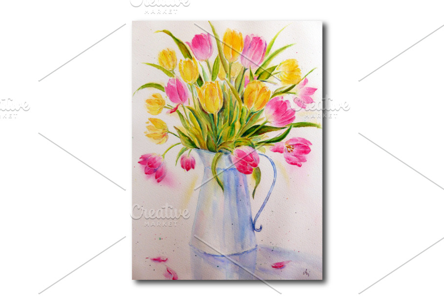 Watercolor Vase of Tulips