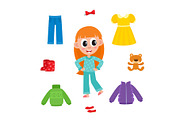 Little girl in pajamas and her wardrobe, clothes