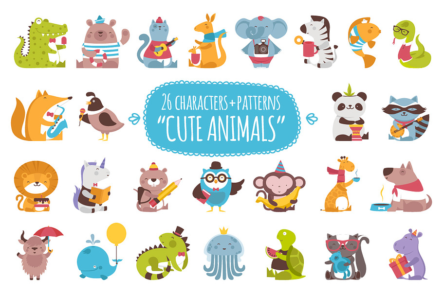 26 Cute Animals + 3 patterns