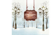 Christmas winter landscape with lamp