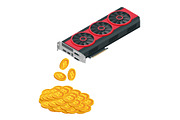 Isometric Mining Farm crypto Bitcoin or Mining video card, Miner of GPU, Technology extraction crypto currency, Virtual money