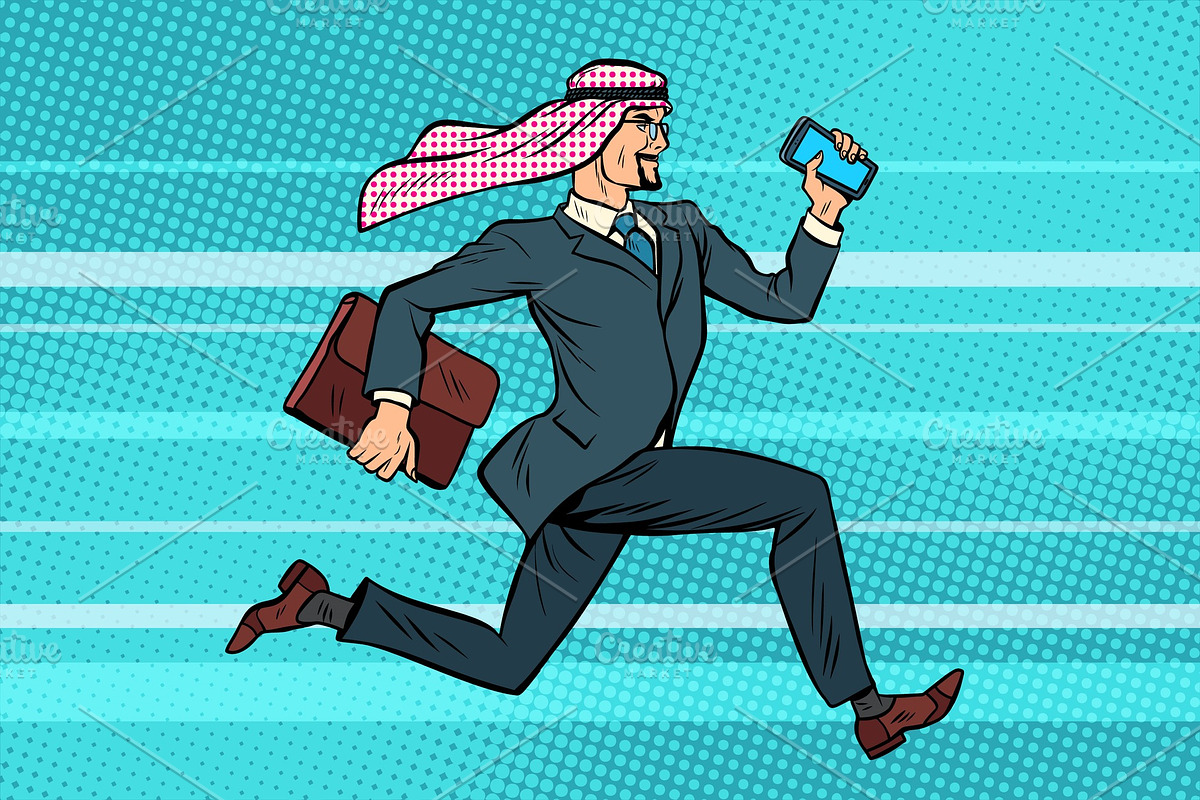 Arab businessman runs forward, phone and briefcase in hand in Illustrations - product preview 8