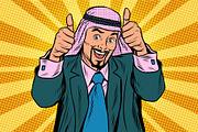Two thumbs up, Emotional Arabic joyful businessman
