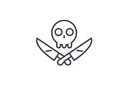 scull with knifes vector line icon, sign, illustration on background, editable strokes