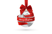 Merry Christmas, earth icon with red bow and ribbon.