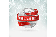 Christmas sale, earth icon with red ribbon around, on winter background.