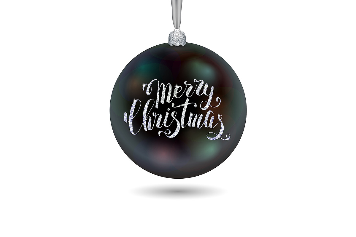 Xmas decoration black glass ball with silver inscription Merry Christmas in Objects - product preview 8