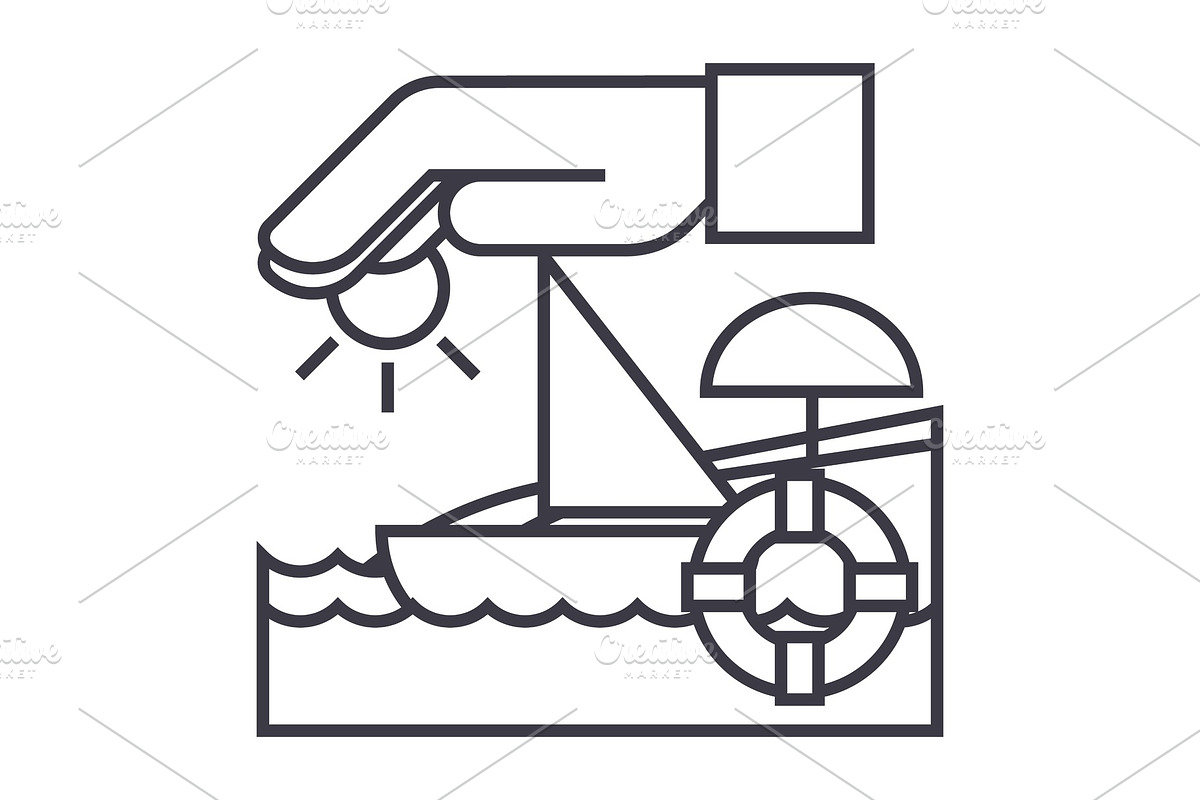 travel insurance,boat,sun,sand,lifebuoy vector line icon, sign, illustration on background, editable strokes in Illustrations - product preview 8