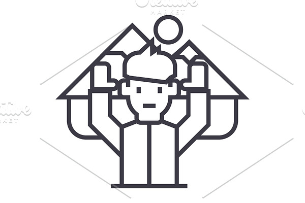 travel  man with hand up mountains vector line icon, sign, illustration on background, editable strokes