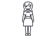 young woman in dress vector line icon, sign, illustration on background, editable strokes