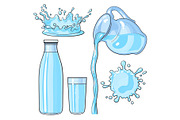 Splashing and pouring water, bottle, jug, glass, isolated vector illustration