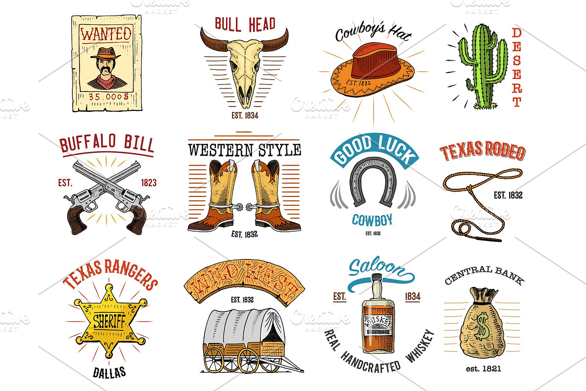 Cowboy set badges. Wild west, rodeo or indians with lasso. hat and gun, sheriff star, boot with horseshoe. engraved hand drawn in old sketch or and vintage style. and labels for prints. logo or emblem in Illustrations - product preview 8