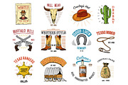 Cowboy set badges. Wild west, rodeo or indians with lasso. hat and gun, sheriff star, boot with horseshoe. engraved hand drawn in old sketch or and vintage style. and labels for prints. logo or emblem