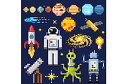 Set of space stars, alien spaceman, robot rocket and satellite cubes solar system planets pixel art, digital vintage game style. Mercury, Venus, Earth, Mars, Jupiter, Saturn. icons composition.
