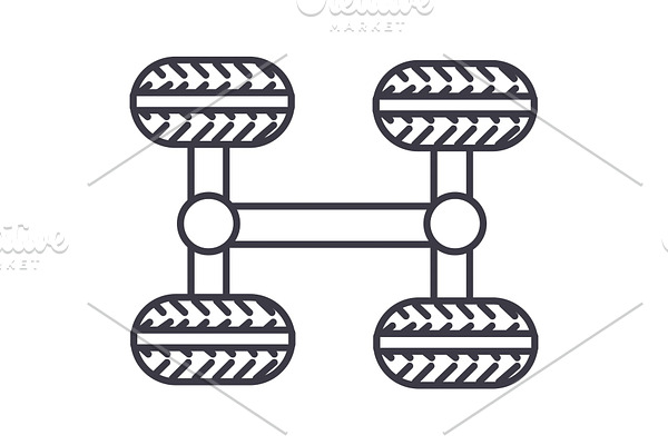 chassis, four wheels vector line icon, sign, illustration on background, editable strokes