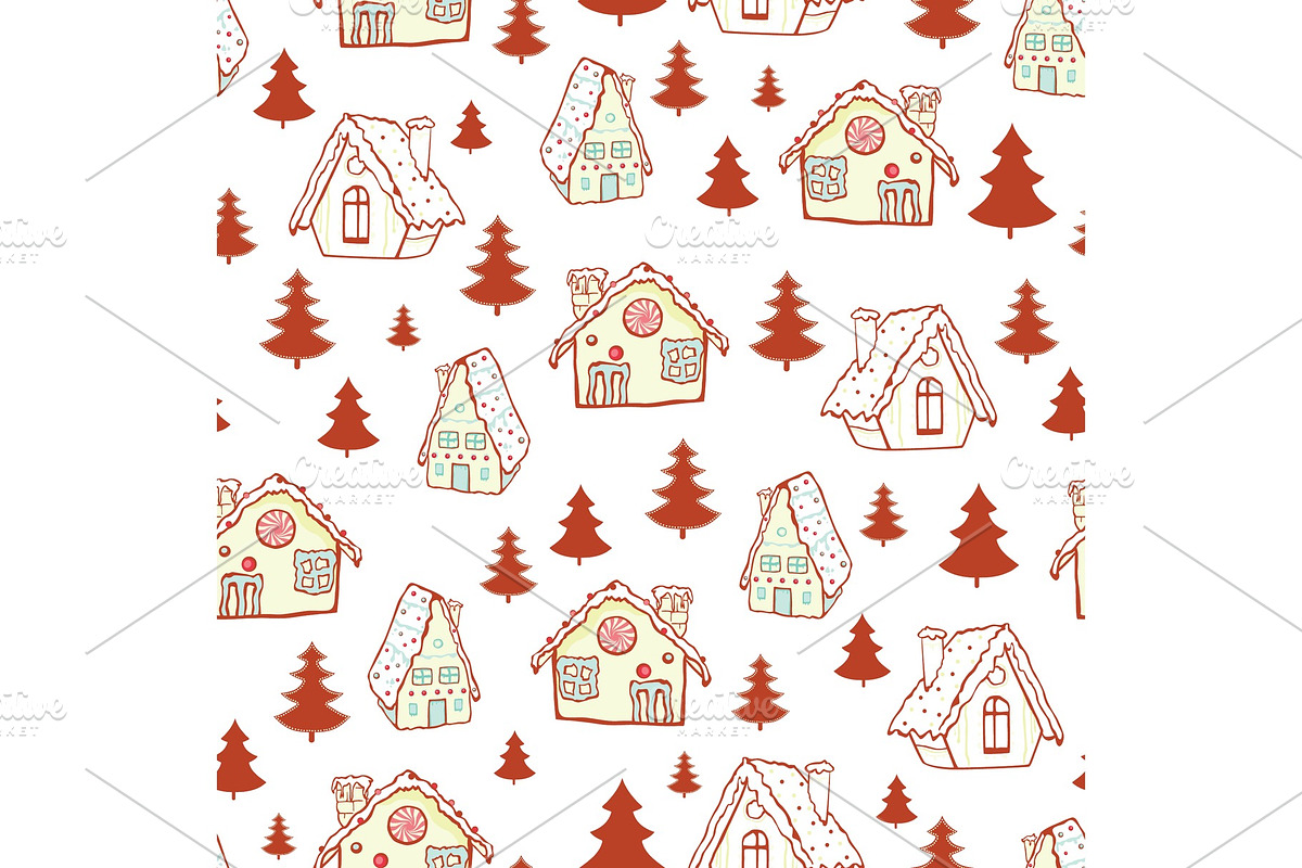 Vector red gingerbread houses and Christmas trees seamless pattern background. Perfect for winter holiday fabric, giftwrap, scrapbooking, greeting cards design projects. in Objects - product preview 8