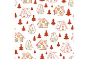 Vector red gingerbread houses and Christmas trees seamless pattern background. Perfect for winter holiday fabric, giftwrap, scrapbooking, greeting cards design projects.