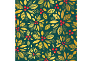 Vector gold and green holly berry holiday seamless pattern background. Great for winter themed packaging, giftwrap, gifts projects.