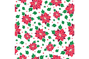 Vector red, green poinsettia flower and holly berry holiday seamless pattern background. Great for winter themed packaging, giftwrap, gifts projects.