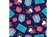 Vector dark blue Christmas gifts boxes and candles seamless repeat pattern background. Can be used for holiday giftwrap, fabric, wallpaper, stationery, packaging.