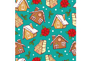 Vector blue and brown gingerbread houses and poinsettia flowers Christmas seamless pattern background. Perfect for winter holiday fabric, giftwrap, scrapbooking, greeting cards design projects.