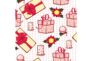 Vector Christmas gifts boxes and candles seamless repeat pattern background. Can be used for holiday giftwrap, fabric, wallpaper, stationery, packaging.
