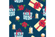 Vector blue Christmas gifts boxes and candles seamless repeat pattern background. Can be used for holiday giftwrap, fabric, wallpaper, stationery, packaging.