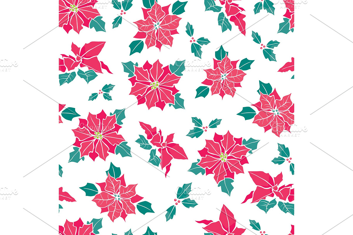 Vector red on white poinsettia flower and holly berry holiday seamless pattern background. Great for winter themed packaging, giftwrap, gifts projects. in Textures - product preview 8