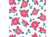 Vector red on white poinsettia flower and holly berry holiday seamless pattern background. Great for winter themed packaging, giftwrap, gifts projects.