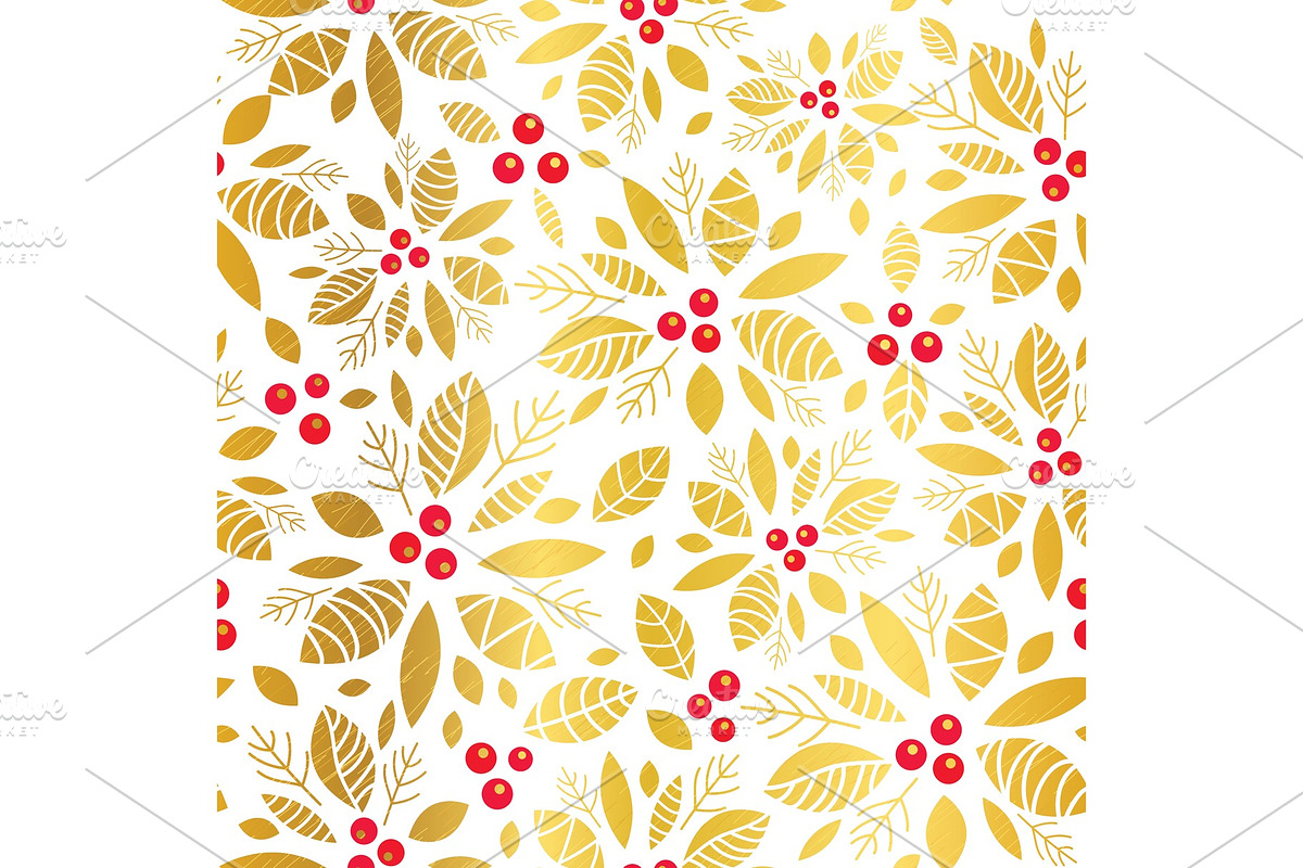 Vector golden red holly berry holiday seamless pattern background. Great for winter themed packaging, giftwrap, gifts projects. in Textures - product preview 8