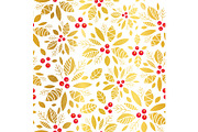 Vector golden red holly berry holiday seamless pattern background. Great for winter themed packaging, giftwrap, gifts projects.