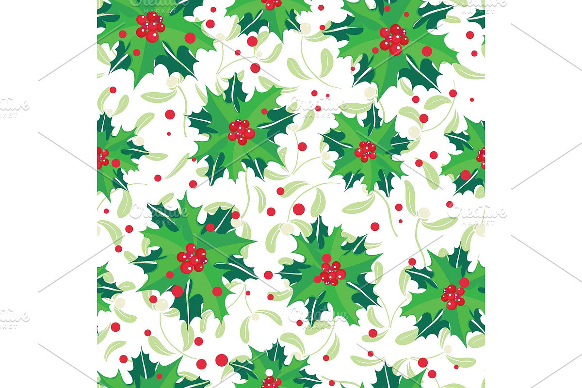 Vector red, green, holly berry bunches and mistletoe holiday seamless pattern background. Great for winter themed packaging, giftwrap, gifts projects. in Textures - product preview 8