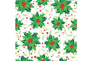 Vector red, green, holly berry bunches and mistletoe holiday seamless pattern background. Great for winter themed packaging, giftwrap, gifts projects.