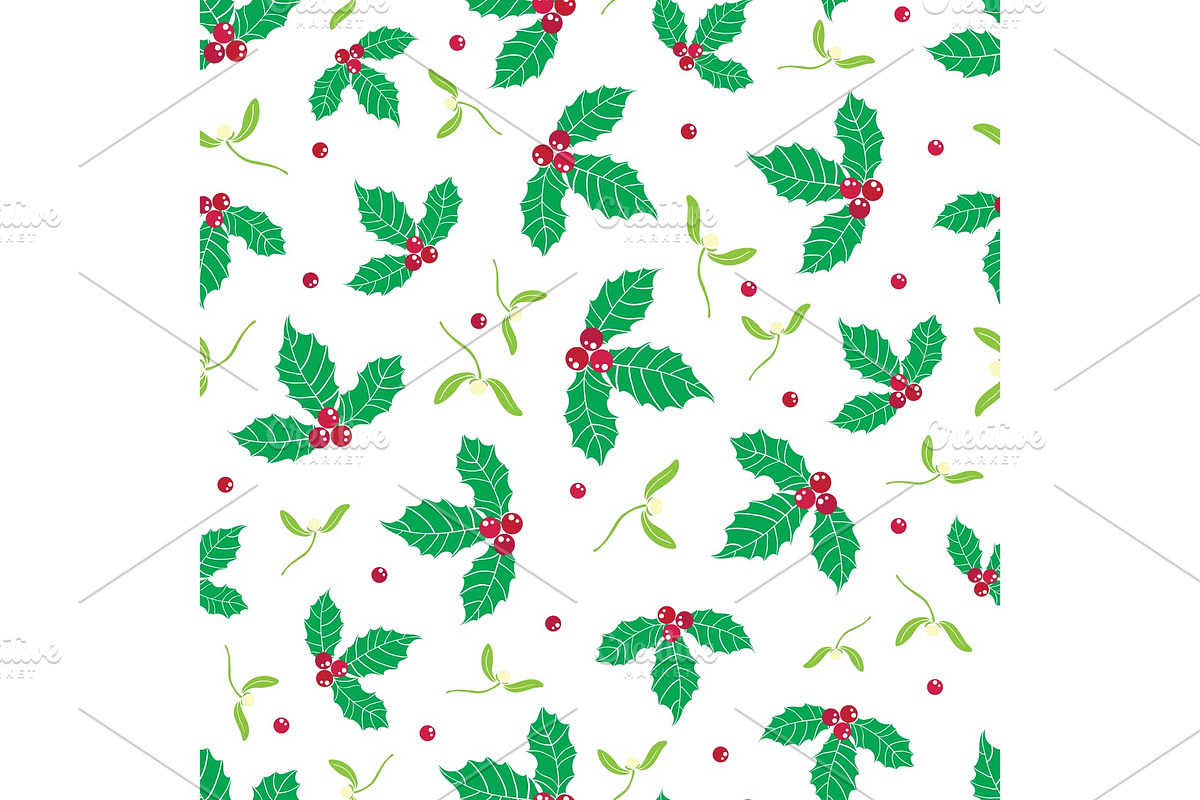 Vector green, red holly berry and mistletoe holiday seamless pattern background. Great for winter themed packaging, giftwrap, gifts projects. in Illustrations - product preview 8