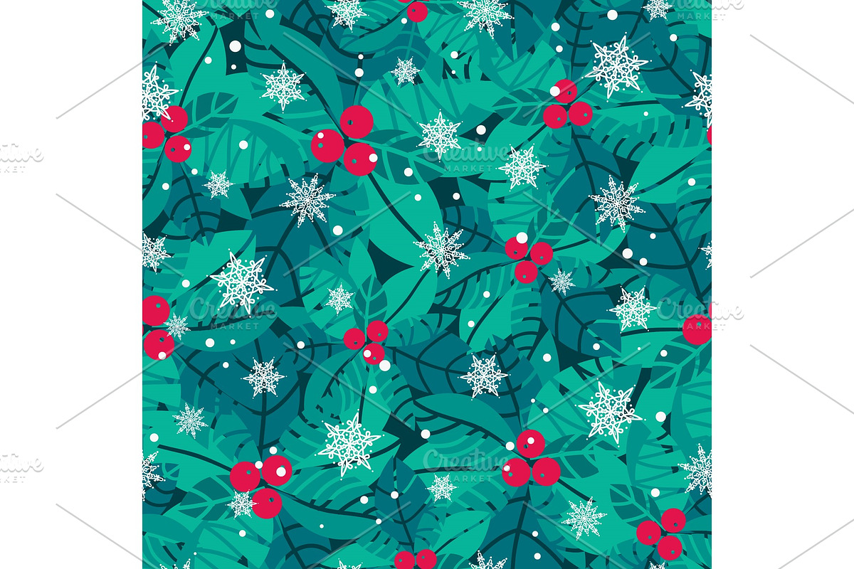 Vector blue, red, white holly berries and snowflakes holiday seamless pattern background. Great for winter themed packaging, giftwrap, gifts projects. in Illustrations - product preview 8