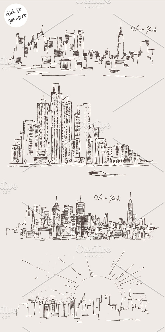 Set of New York city skylines in Illustrations - product preview 1